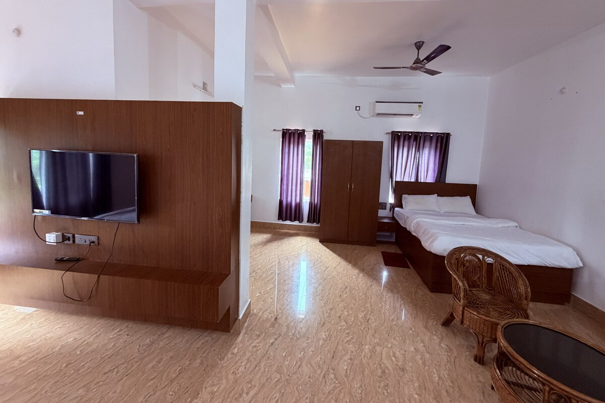 Una habitación de hotel con cama, televisión, armario, ventilador de techo y ventana con cortinas.