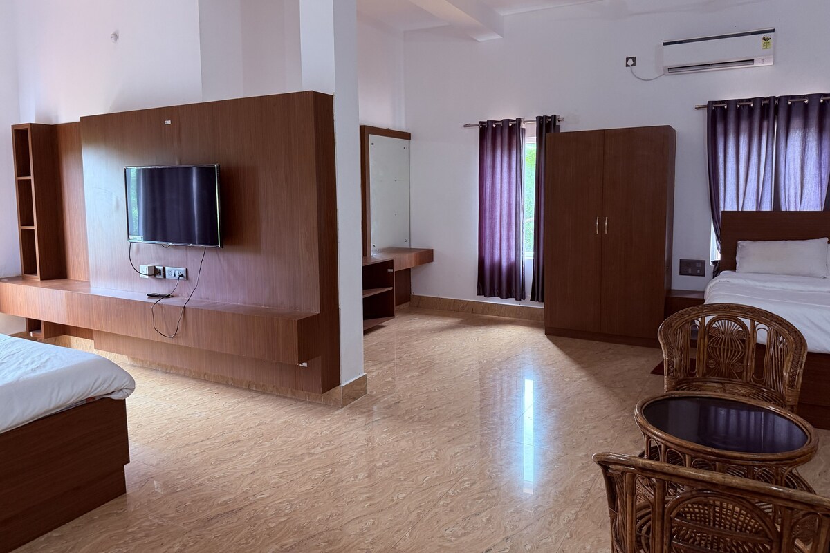 Habitación de hotel con cama, televisor, armario, silla y ventilador de techo.