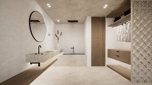 Suíte luxo, piscina particular, vista parcial para o mar | Banheiro | Chuveiro, secador de cabelo, toalhas de banho, sabonete