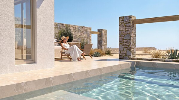Suíte luxo, piscina particular, vista parcial para o mar | Piscina