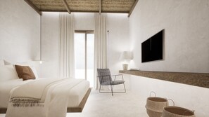 A modern hotel room with a bed, a chair, a TV, and a window. - Malie Suites (Naxos)