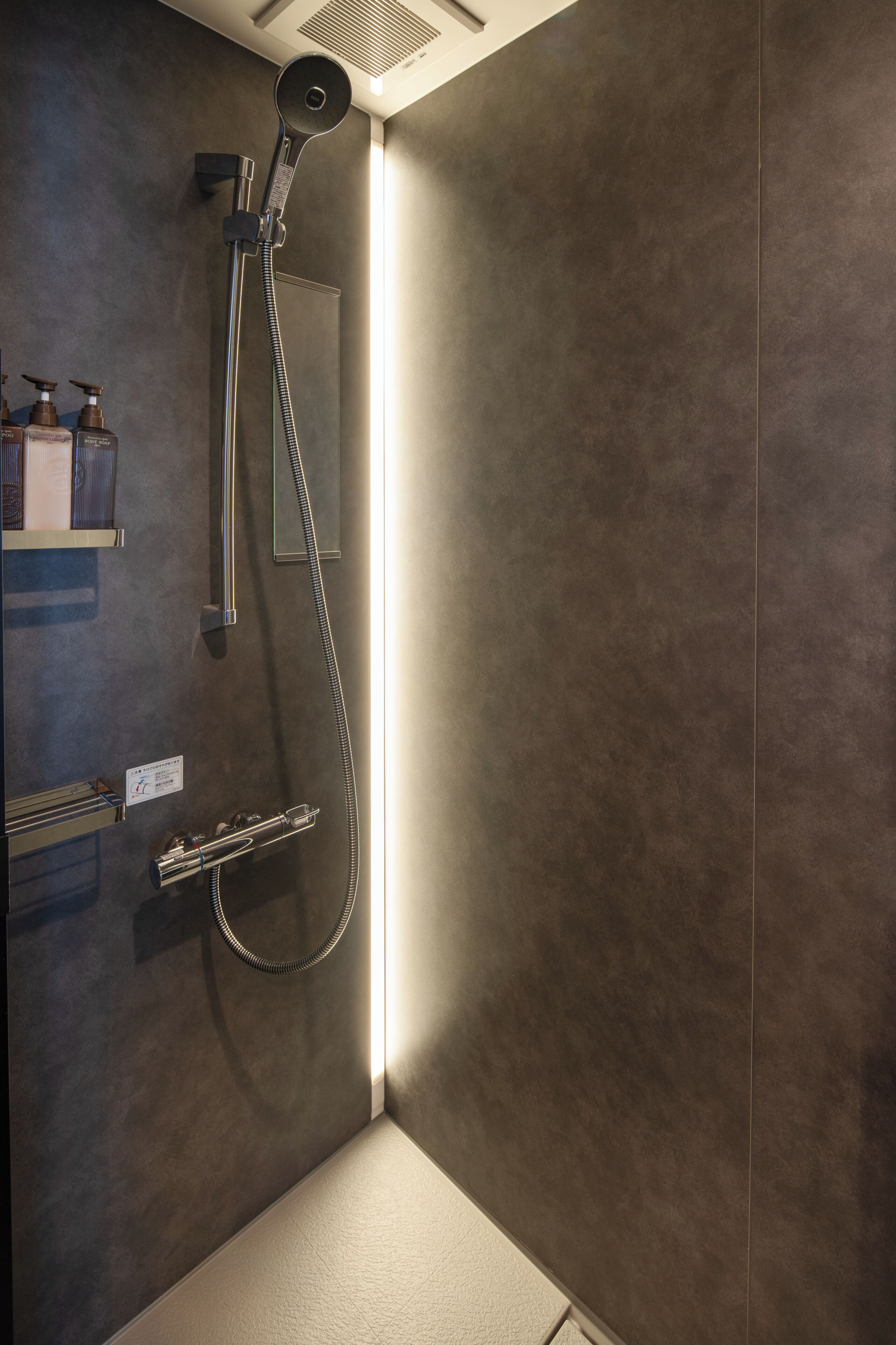 Une douche moderne dotée d’un pommeau de douche à main et d’un panneau de commande fixé au mur.