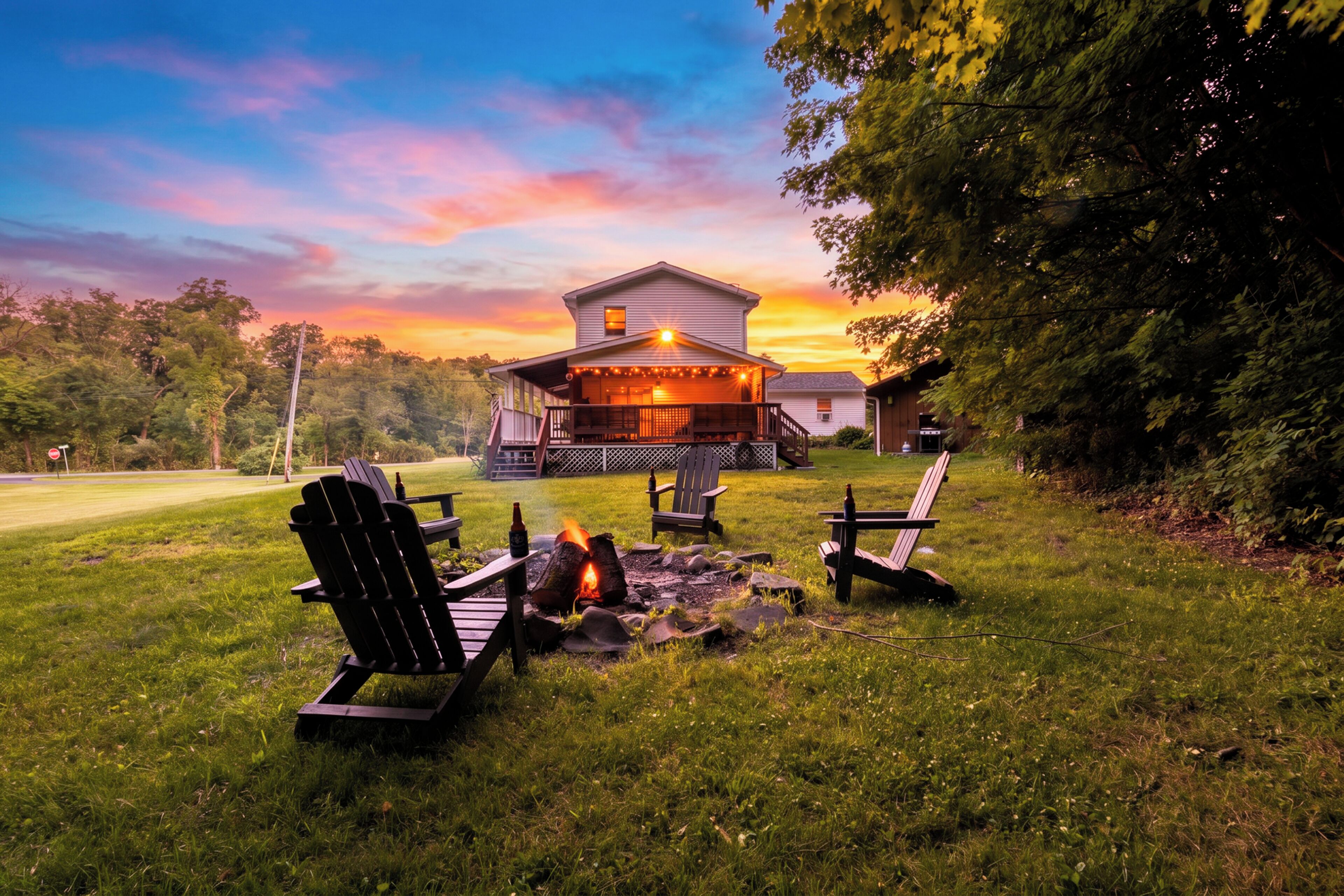 A house with a porch, outdoor seating, and a fire pit.