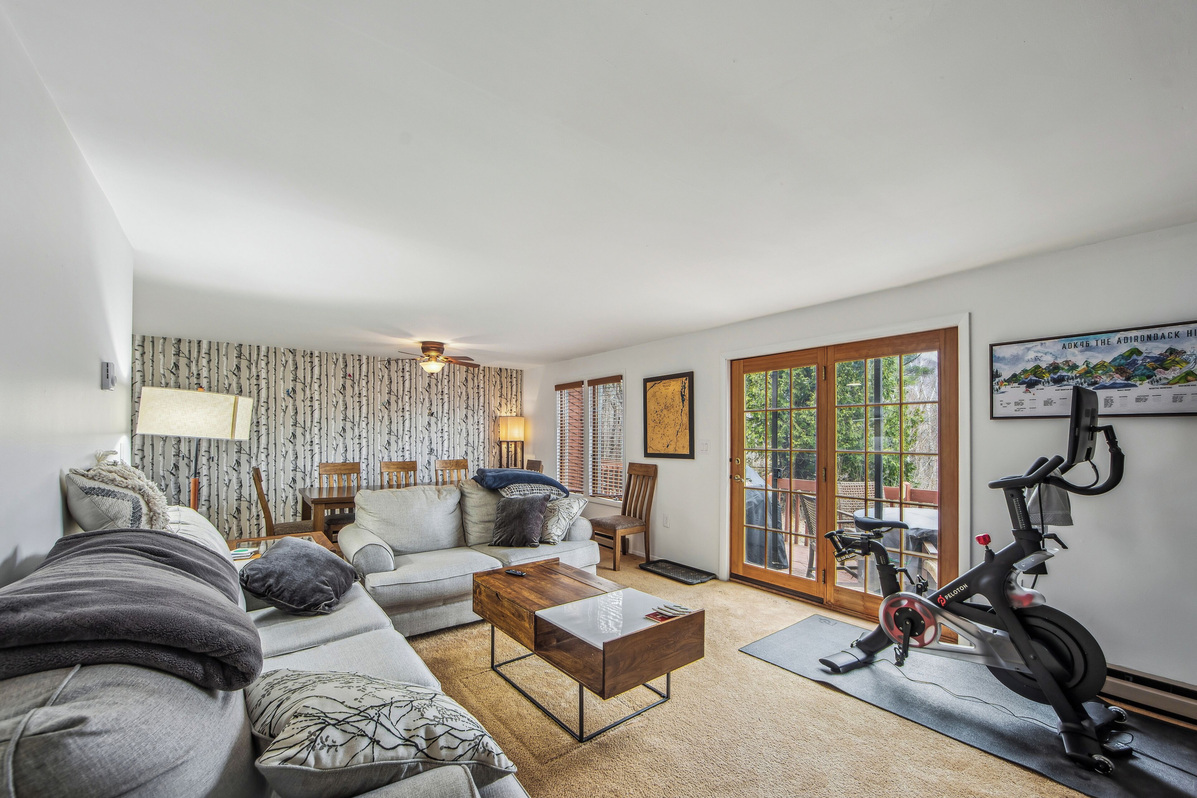 A living room with a sofa, coffee table, lamp, and exercise bike.