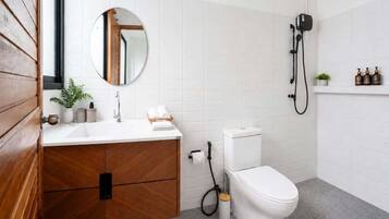 Shower, hair dryer, shampoo
