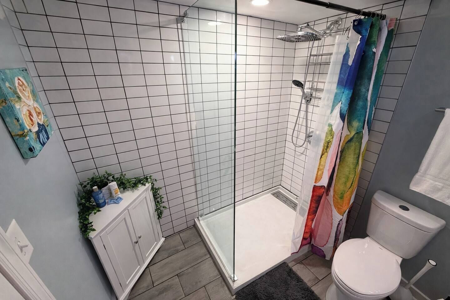 Un baño con ducha, inodoro y un pequeño armario.