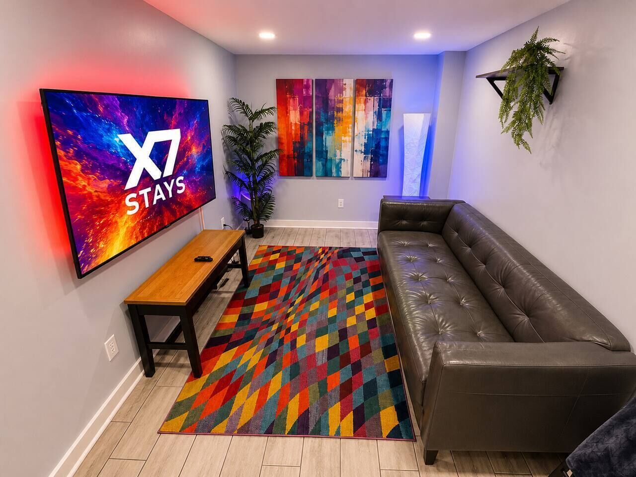 Een moderne woonkamer met een grote flatscreen televisie, een bank, een salontafel en een kleurrijk vloerkleed.