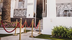 Entrada de um edifício com uma palmeira, cordas de veludo vermelho e uma placa que diz 'Café 51'.