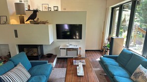Una sala de estar con chimenea, televisor y dos sofás azules.