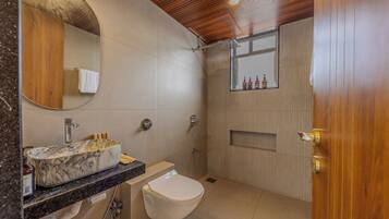 A modern bathroom with a marble sink, a toilet, and a shower area.