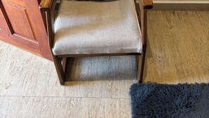 Una silla con un cojín estampado y reposabrazos de madera, ubicada en una habitación con piso de madera y una alfombra azul.