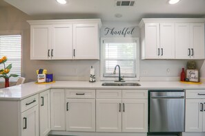 A kitchen with white cabinets, a stainless steel dishwasher, and a window with blinds.