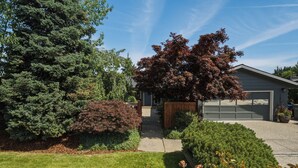 A residential property with a well-maintained lawn, a large coniferous tree, and a garage. - Private Pool & Basketball | Spacious 3BR Sleeps  9 (Wenatchee)