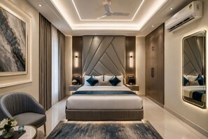 A modern bedroom with a large bed, bedside tables, a ceiling fan, and an air conditioning unit. - Hotel Smart International (New Delhi)