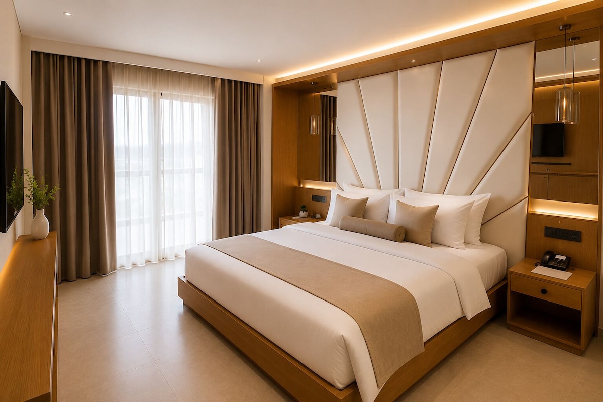 A modern hotel room with a large bed, wooden headboard, bedside tables, a TV, and a large window with curtains.