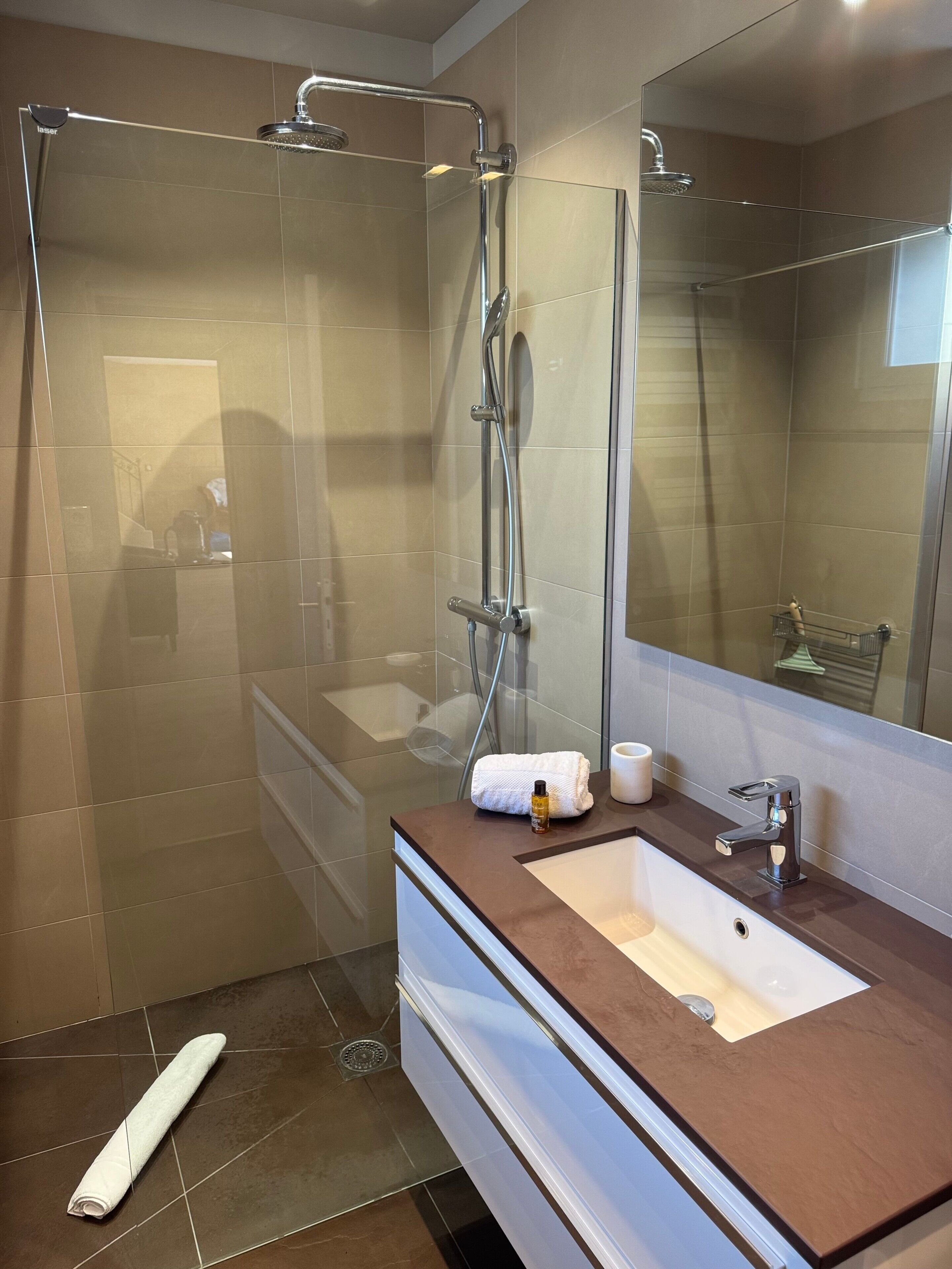 Shower, hair dryer, towels