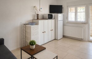 A compact living space with a kitchenette, a flat-screen TV, a potted plant, and a window with curtains.