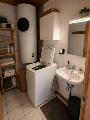 A compact laundry room with a front-loading washing machine, a sink, and a mirror. - La Favellaz: Exceptional panoramic view of the Aravis mountain range and the village (Le Grand-Bornand)