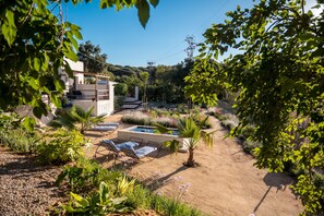 Ein Garten mit Pool, Liegestühlen und einem Gebäude mit einer Pergola.