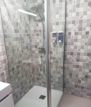 Shower, towels, soap, toilet paper