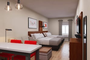 A hotel room with a bed, a desk, a chair, a TV, and artwork on the wall. - Hawthorn Extended Stay by Wyndham Brownsville (Los Fresnos)