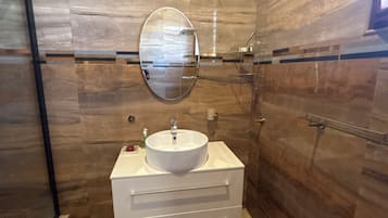 Hair dryer, towels, soap, toilet paper