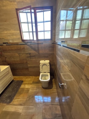 Hair dryer, towels, soap, toilet paper