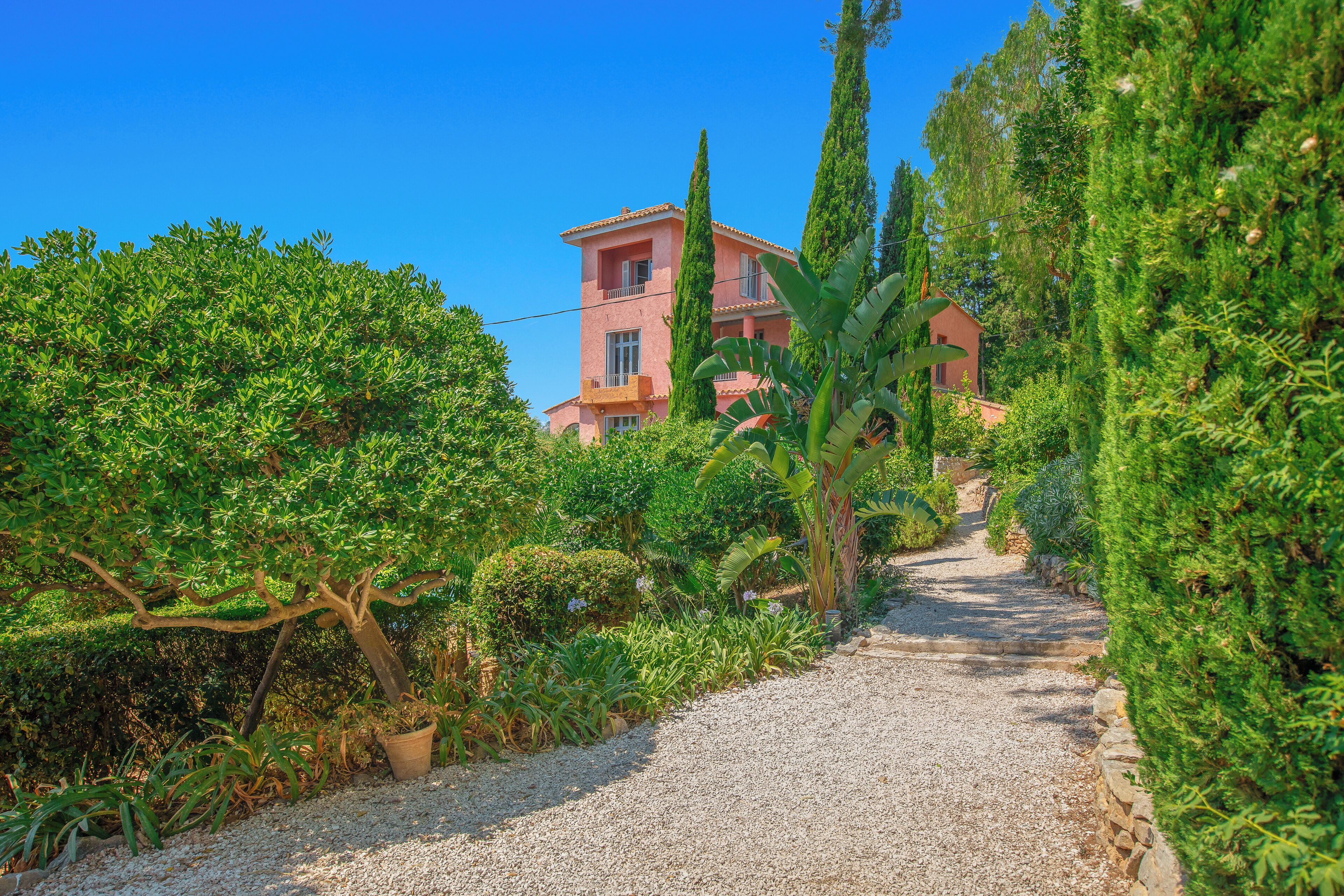 A gravel pathway leading to a building with a pink facade, surrounded by lush greenery and tall trees.