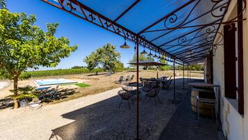 An outdoor patio area with a pergola, seating, and a pool.