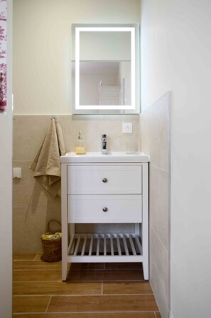 Shower, hair dryer, towels