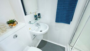 A compact bathroom with a white sink, a glass shelf with toiletries, a blue towel, and a small potted plant. - Student Only Luneside (Lancaster)