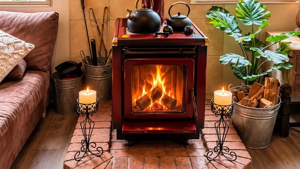 A cozy room with a wood-burning stove, a sofa, and a view of greenery outside.