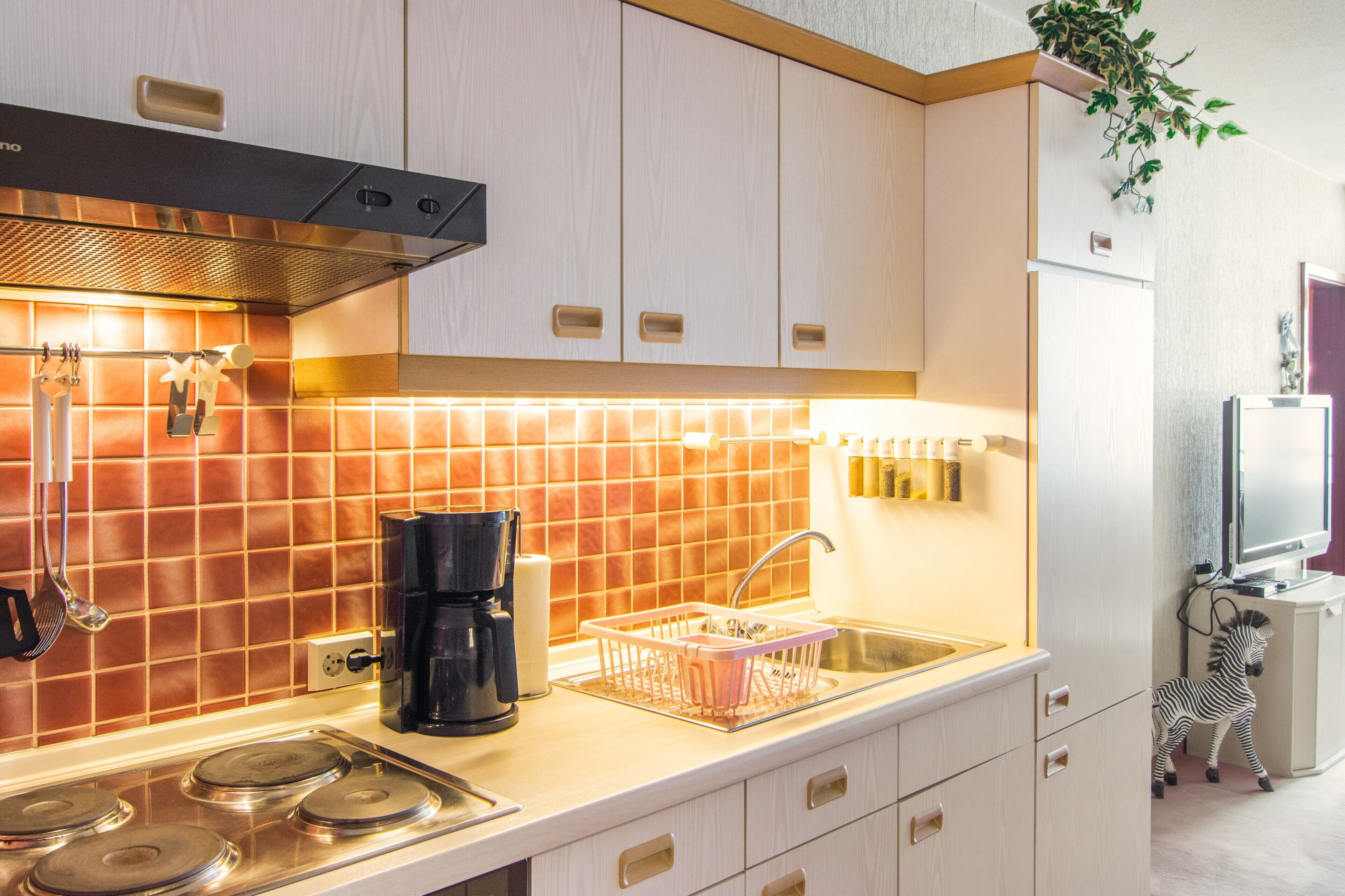Una cocina moderna con estufa, cafetera y pileta.