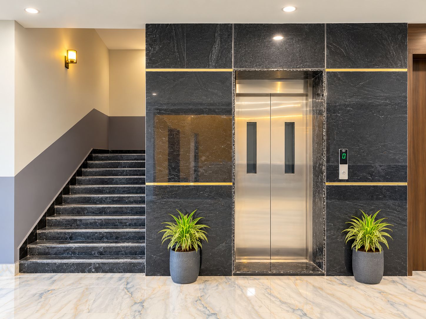 A modern elevator with a digital display, flanked by marble walls and potted plants.