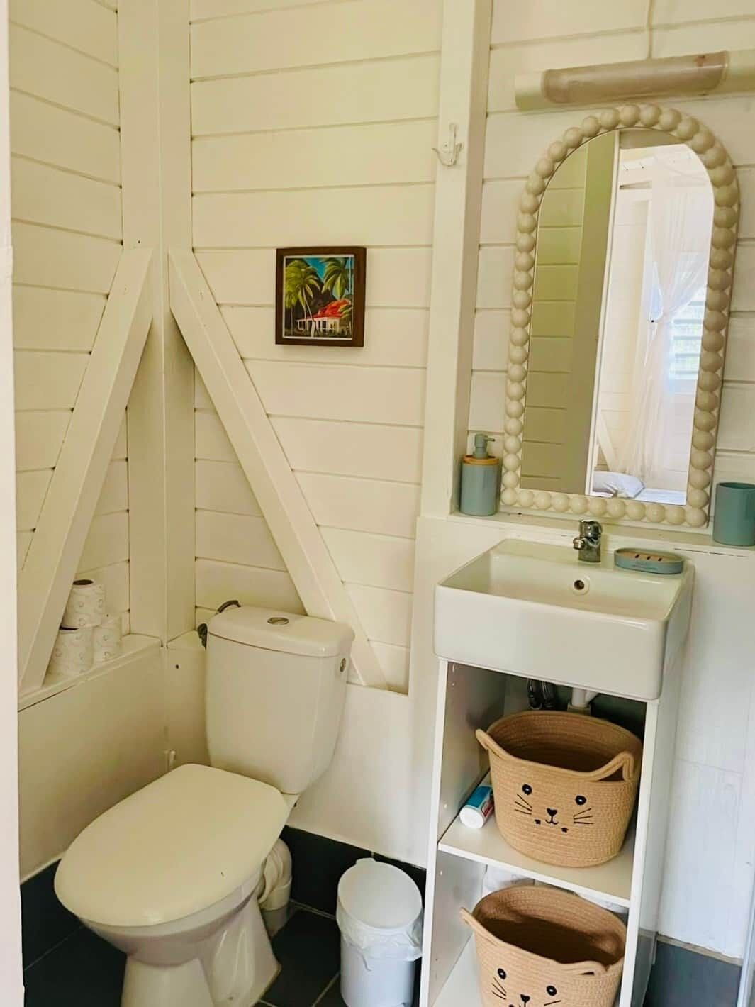 Une salle de bain comprenant des toilettes, un lavabo, un miroir et une étagère avec des paniers de rangement.