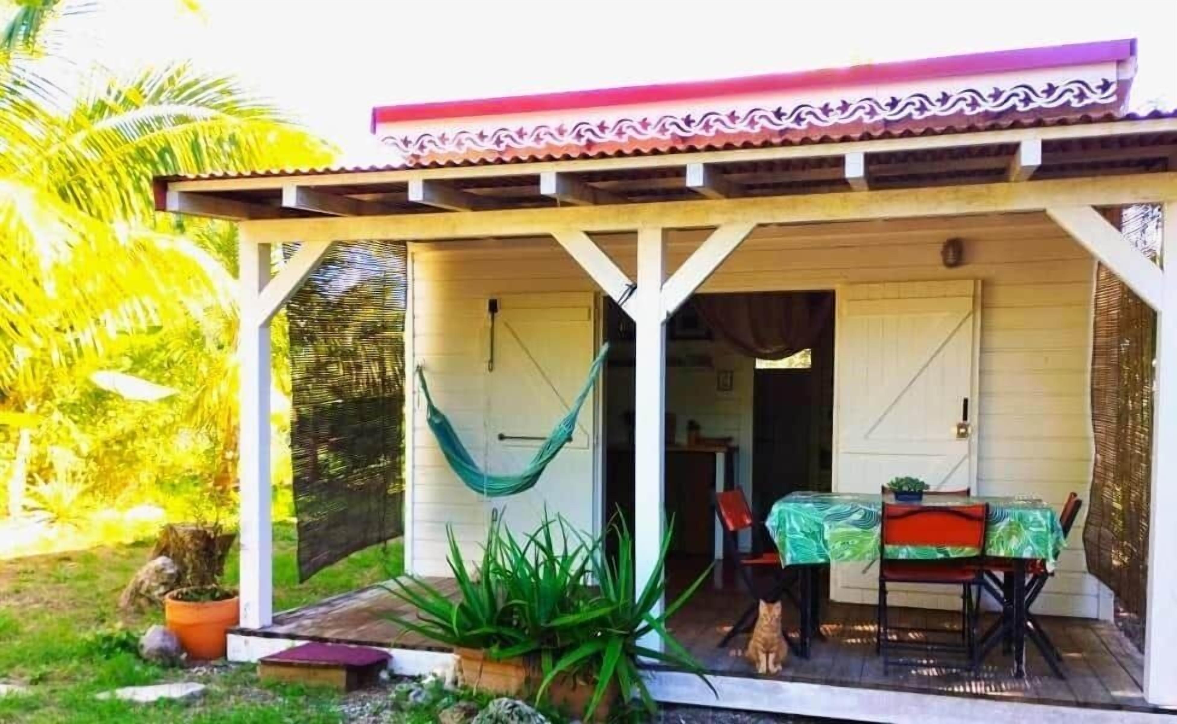 Un espacio al aire libre cubierto con mesa y sillas, una hamaca y plantas en macetas.