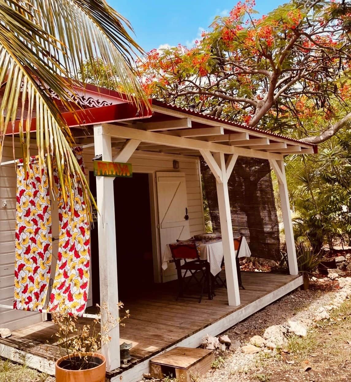 A covered porch with a wooden floor, a table and chairs, and a potted plant.