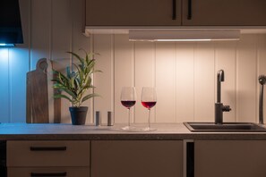 A kitchen with a countertop, two wine glasses, a potted plant, and a sink. - Sydpol Designer Home Deluxe Apartment (Tromsø)