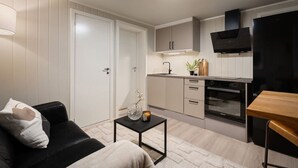 Un espace de vie compact comprenant un coin cuisine, un canapé, une table basse et un téléviseur.