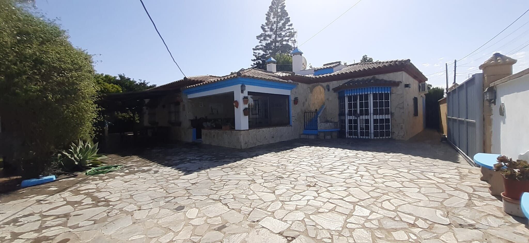 Un patio con piso de piedra, un edificio con puerta azul y un árbol alto.