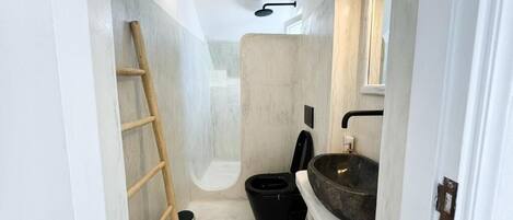 A narrow bathroom with a wooden ladder, a black toilet, and a large basin.