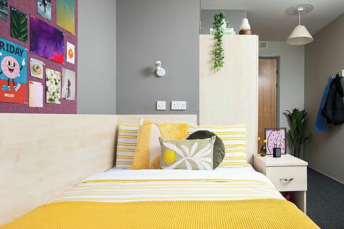 A hotel room with a bed, bedside table, and a wall with a bulletin board.