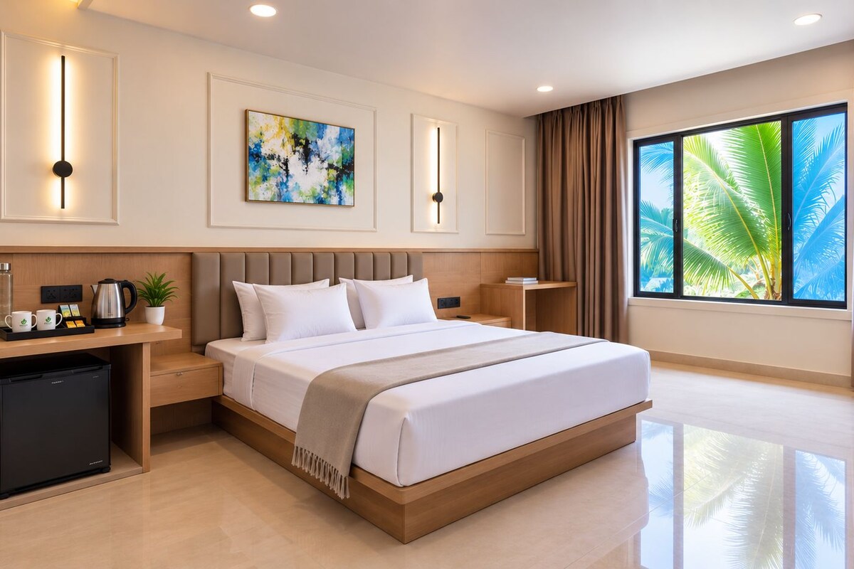 A modern hotel room with a bed, bedside tables, a coffee maker, a mini fridge, and a large window with curtains.