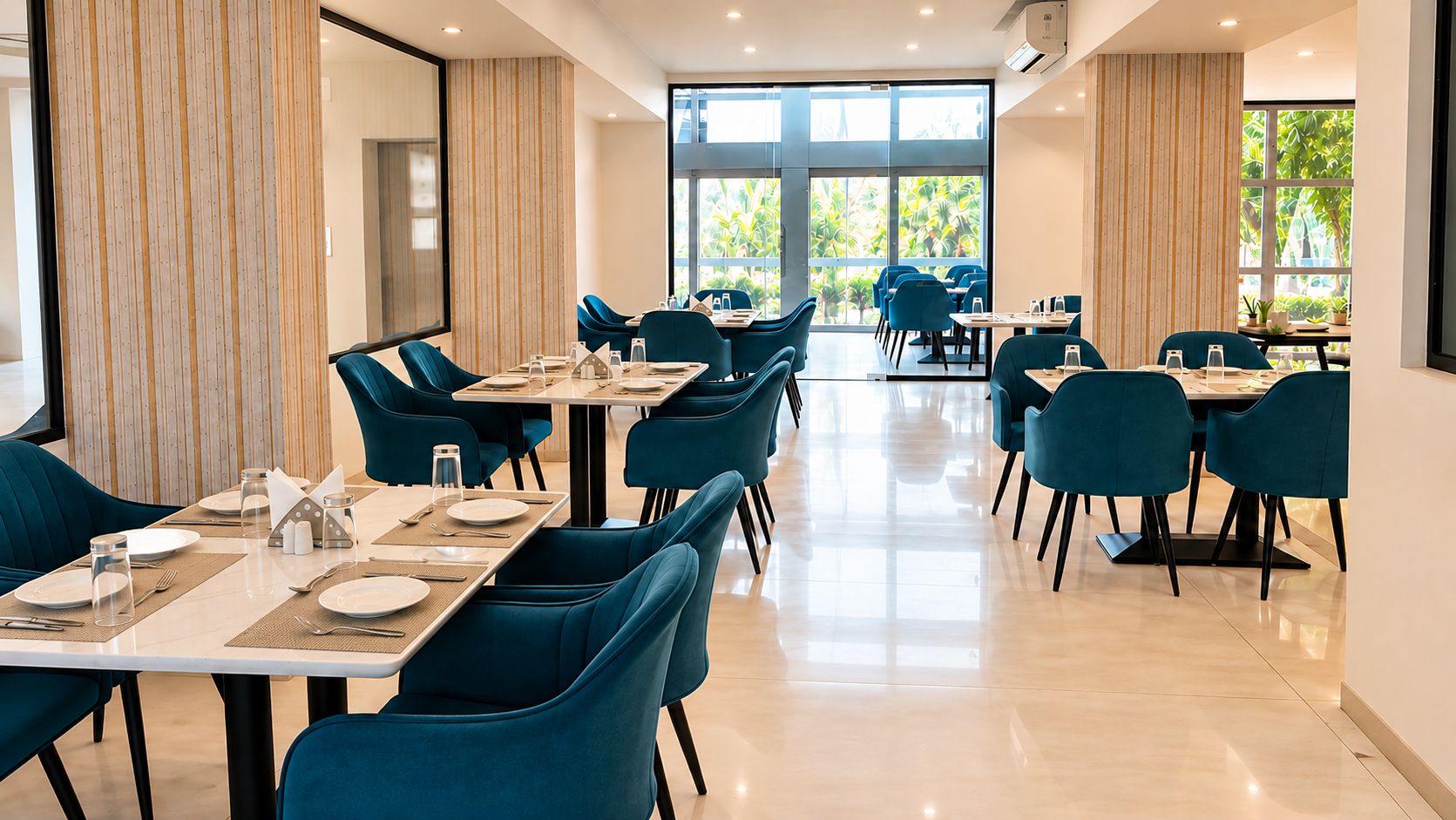 A modern dining area with tables and chairs, large windows, and a view of greenery outside.