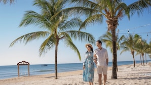 Eine Strandansicht mit Palmen, einer Schaukel und blauem Himmel.