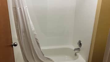 Separate tub and shower, hair dryer, towels, soap