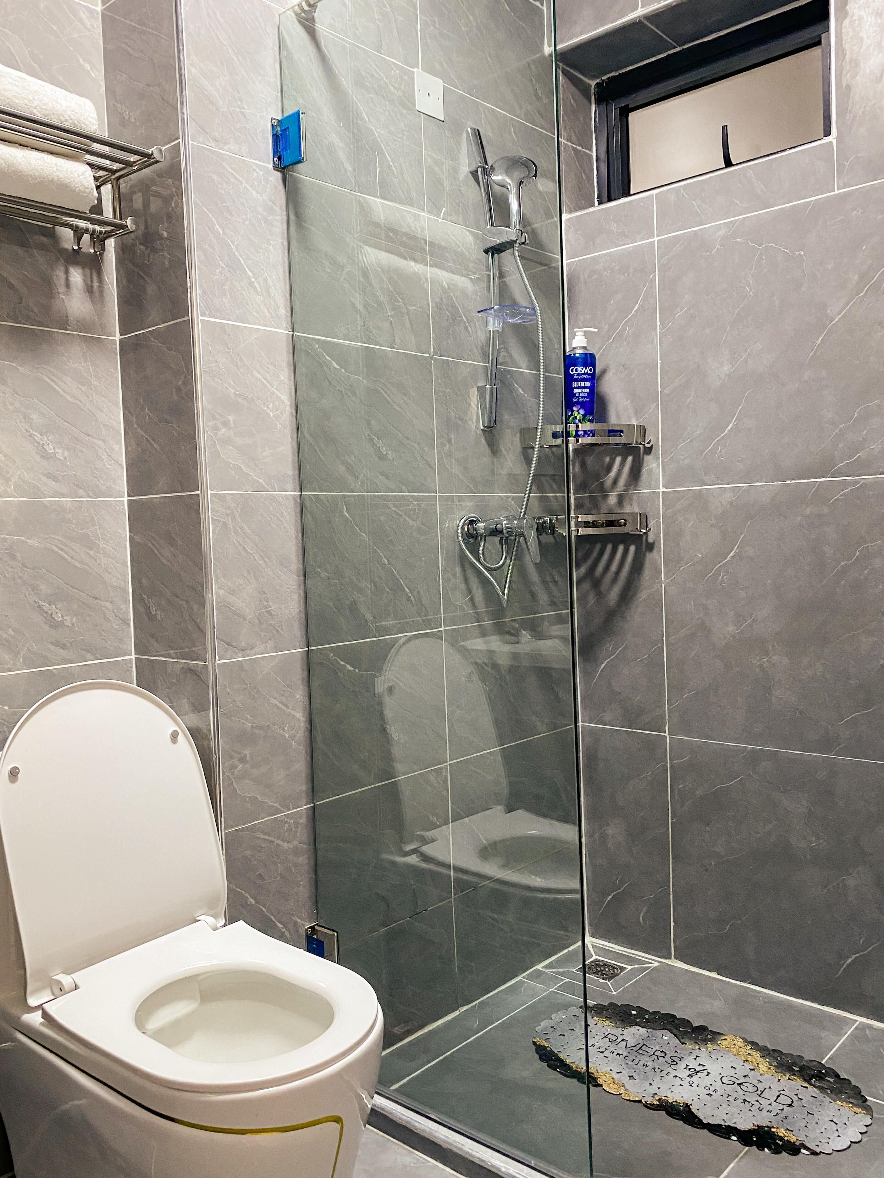 Un baño con ducha envuelta en vidrio, inodoro y perchero para toallas.