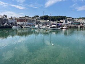 Un puerto deportivo con barcos amarrados, cielo despejado y edificios al fondo.