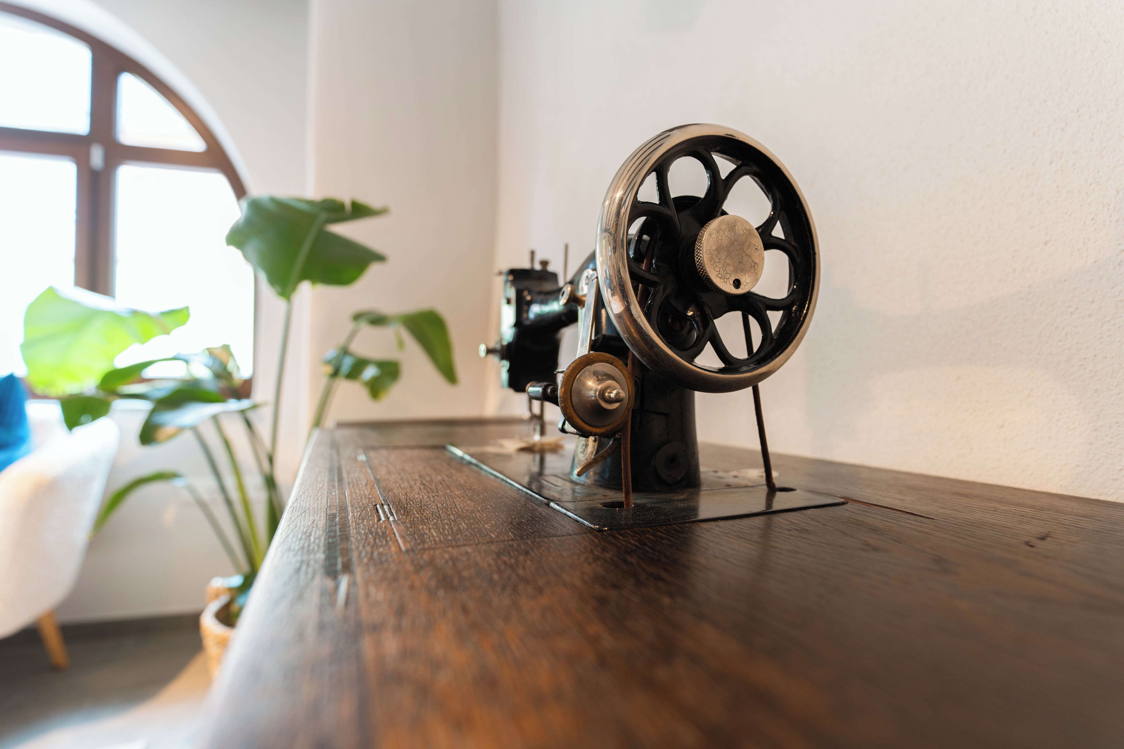 Une machine à coudre ancienne, posée sur une table en bois, avec une plante en arrière-plan.