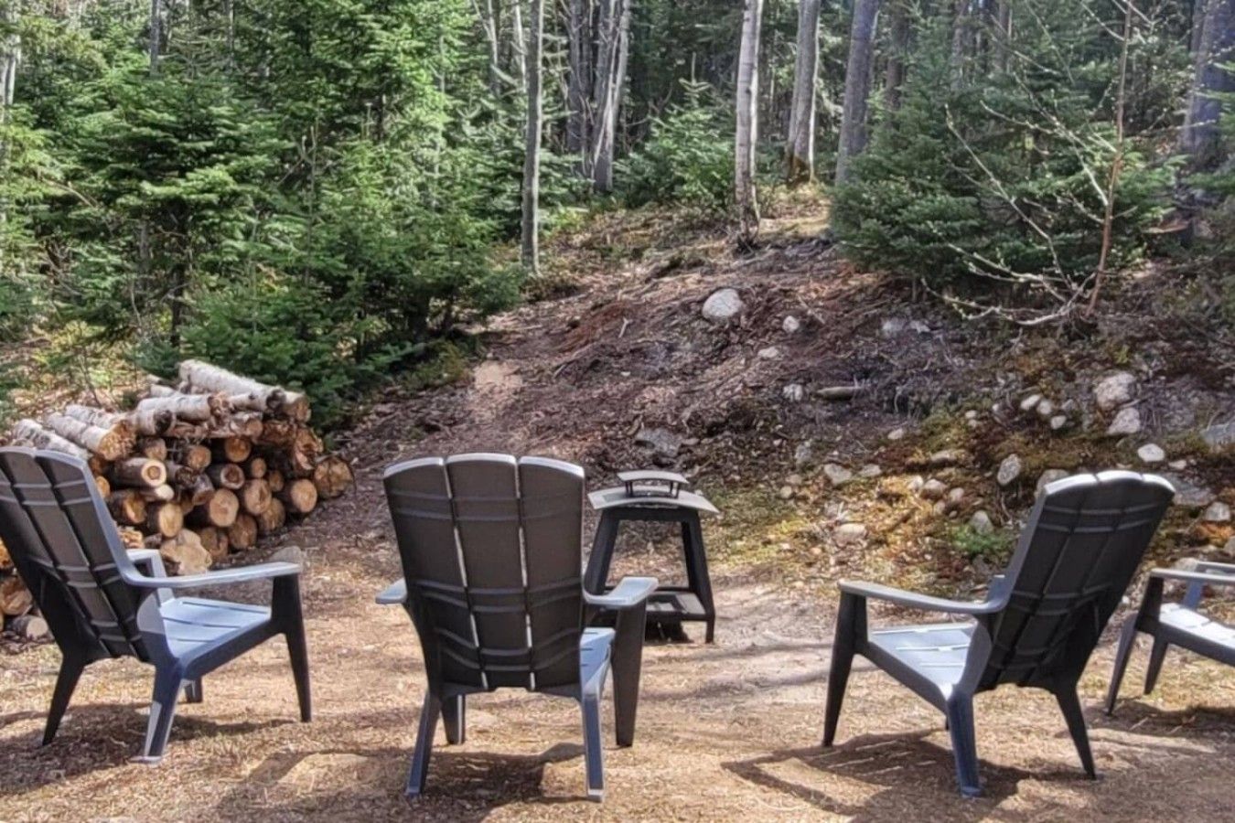 Un espace boisé doté d’un coin salon extérieur et d’une pile de bois de chauffage.